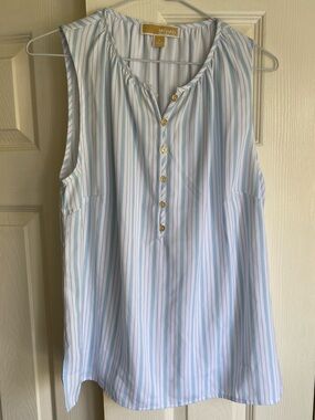 Michael Kors Light Blue & White Striped Sleeveless pop over Top